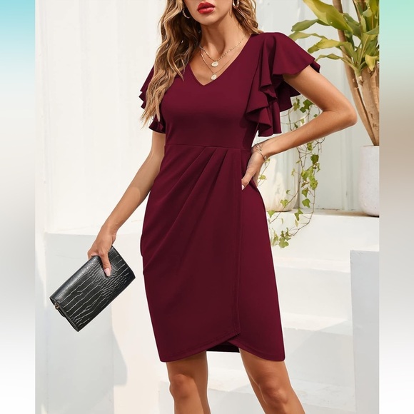 NWT IHOT Women's V Neck Flutter Sleeve Sheath Wrap Ruched Dress in Wine, Medium - Picture 2 of 13